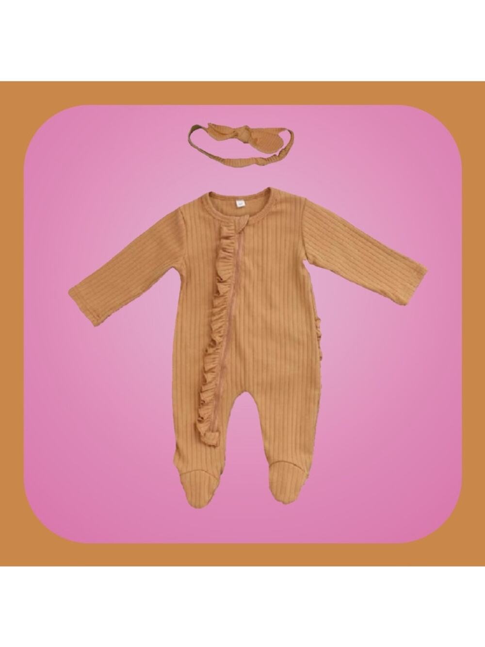 2 Piece Infant Girls Tan or Beige Ruffled Romper with Headband Set 0-3 Months